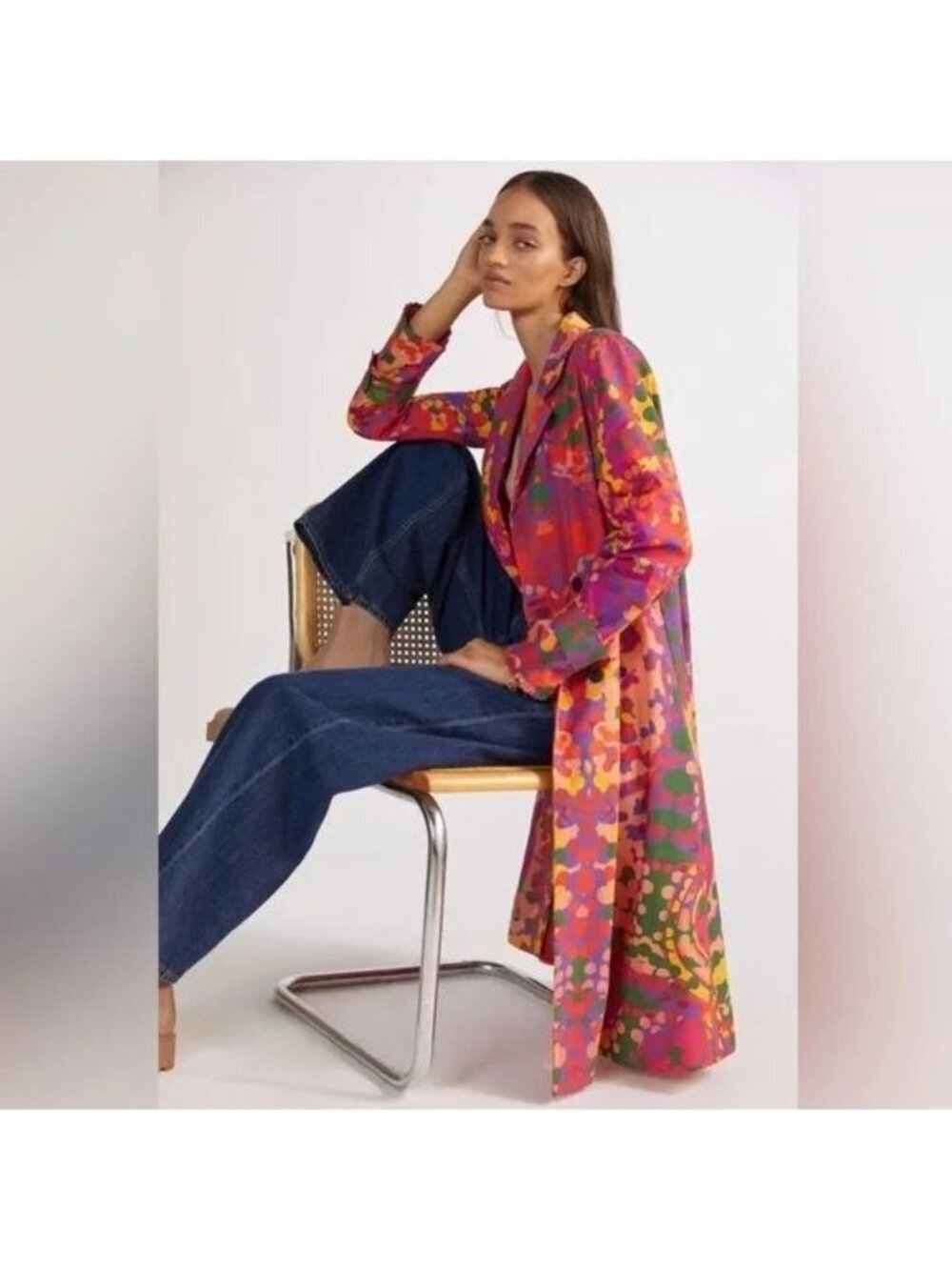 NWT Roopa Pemmaraju Duster XL Trench Jacket Abstract Mod Rainbow 100% Cotton